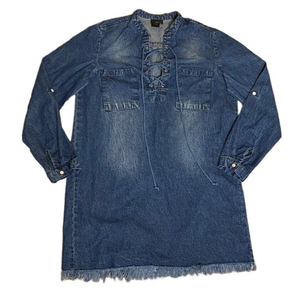 Wet Seal Womens Lace Up Long Sleeve Shirt Frayed Hem Medium Wash Size Sz M EUC